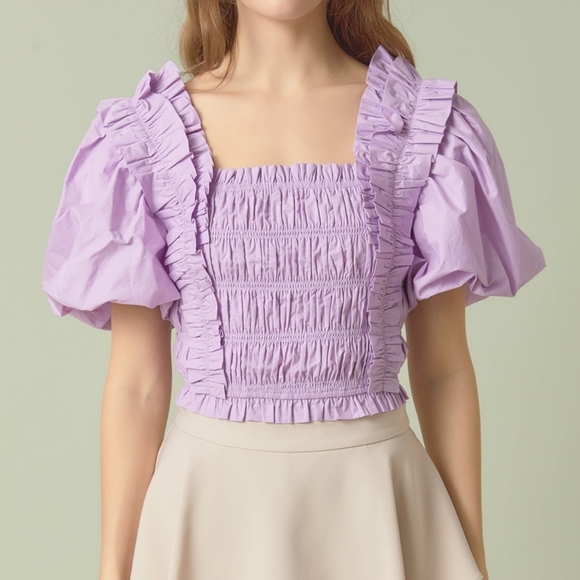 NWT Endless Rose Smocked Puff Sleeve Top Purple Lilac Medium - Picture 2 of 10
